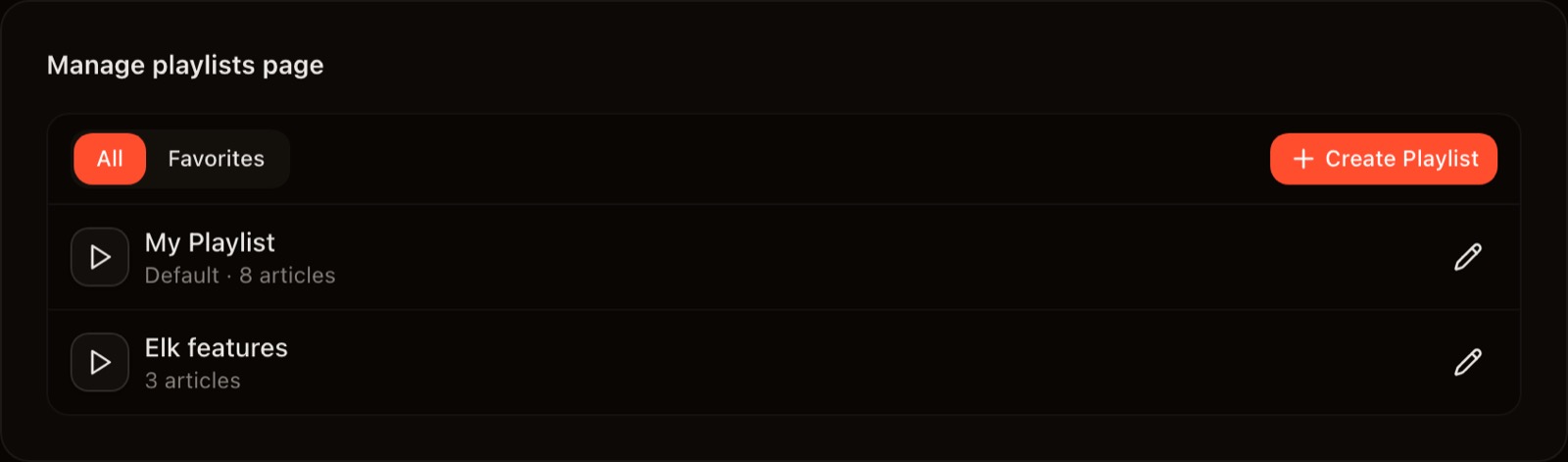 Manage playlists page